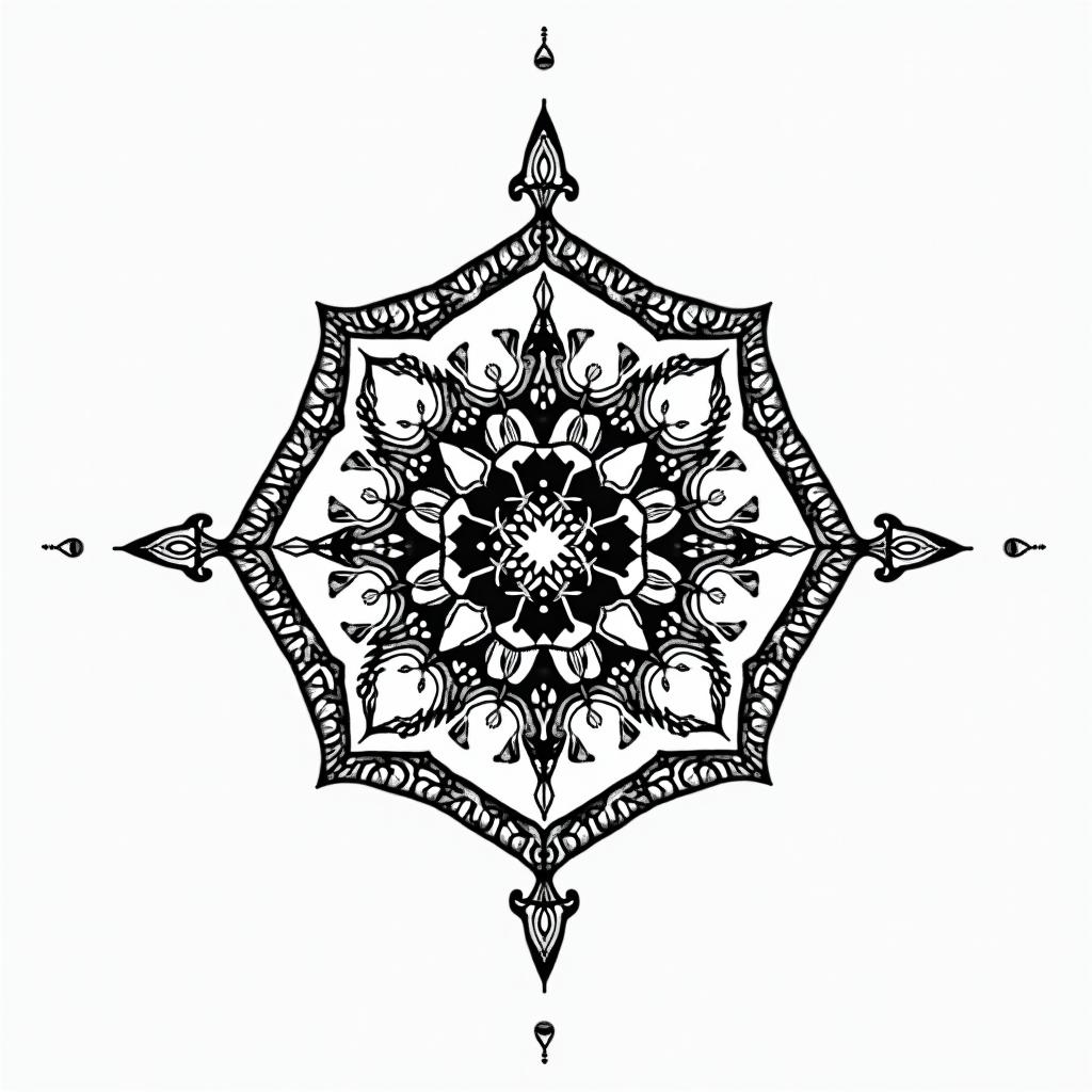 Element waterin dotwork style tattoo, complex mandala patterns, interlocking geometric shapes with sharp symmetry, clean lines, sharp angles