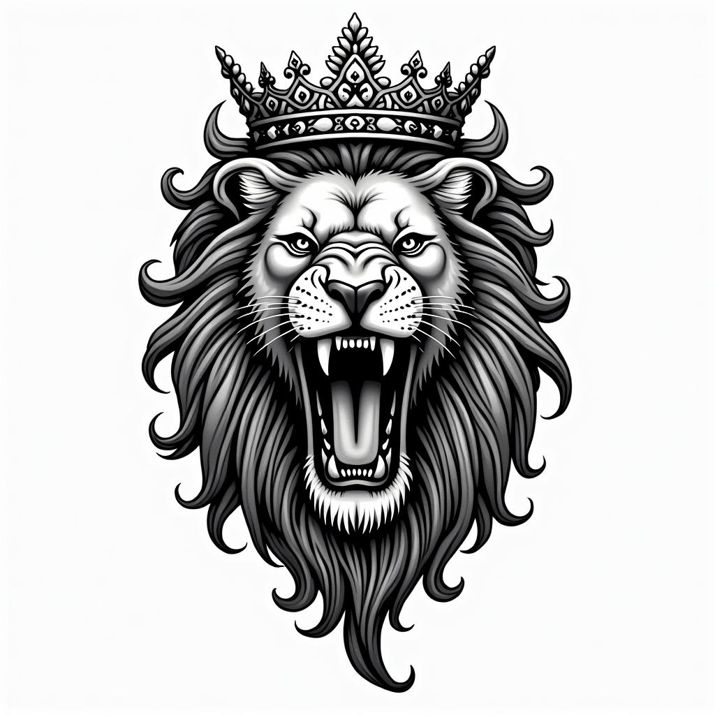 Roaring lion with a flowing mane with a crownin authentic tattoo style, incorporating traditional modifications, bold black outlines, solid color fills, featuring classic authentic elements - Variation 4