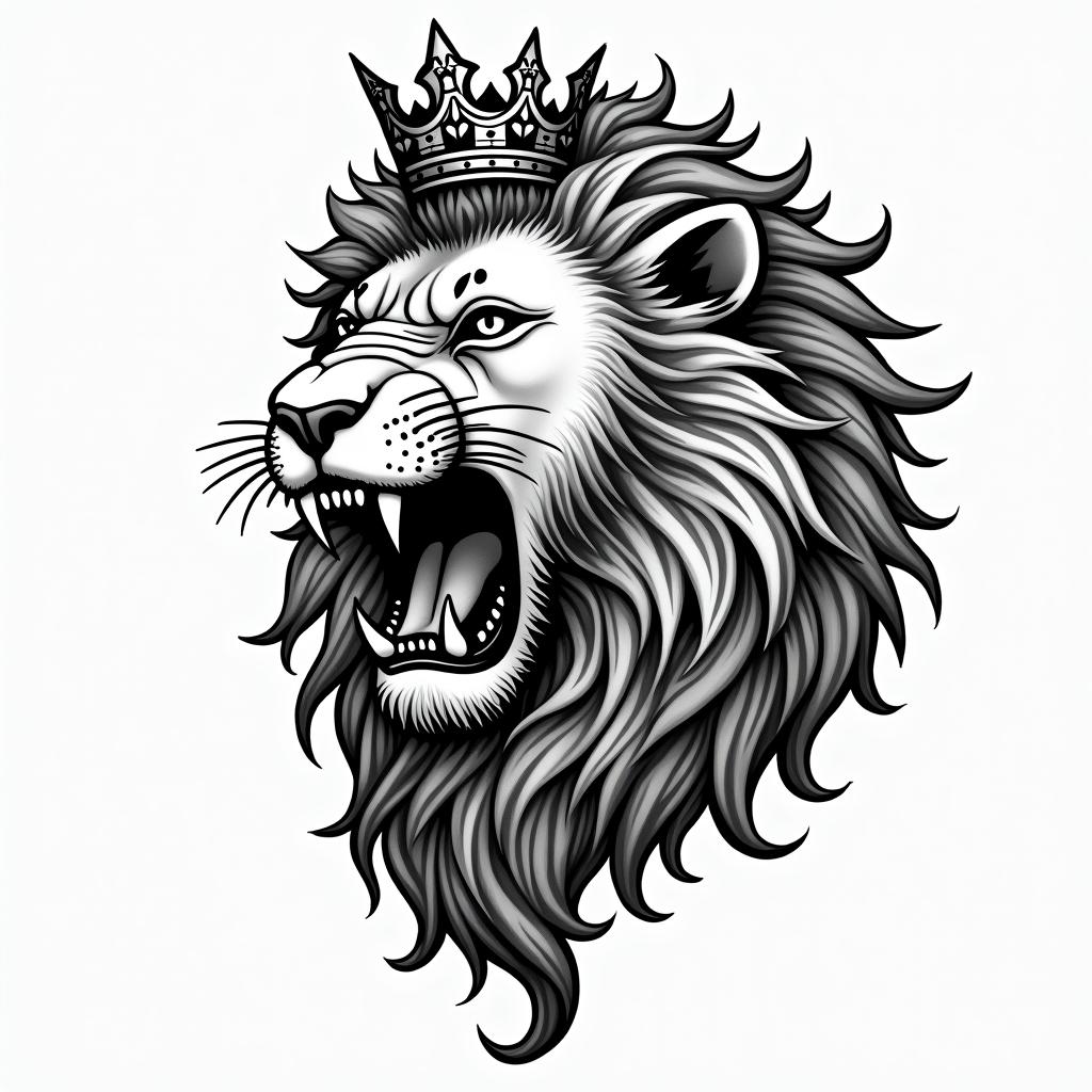 Roaring lion with a flowing mane with a crownin authentic tattoo style, incorporating traditional modifications, bold black outlines, solid color fills, featuring classic authentic elements - Variation 3