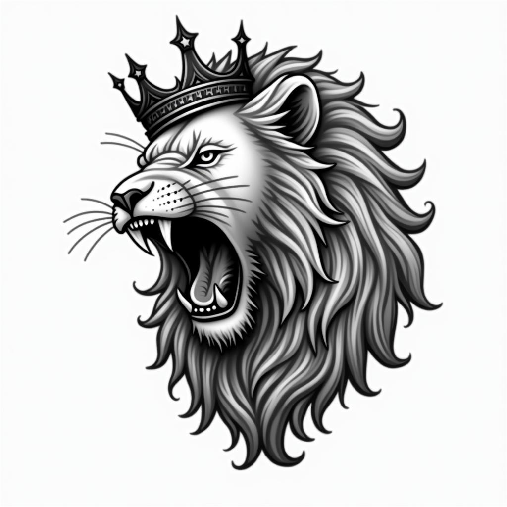 Roaring lion with a flowing mane with a crownin authentic tattoo style, incorporating traditional modifications, bold black outlines, solid color fills, featuring classic authentic elements