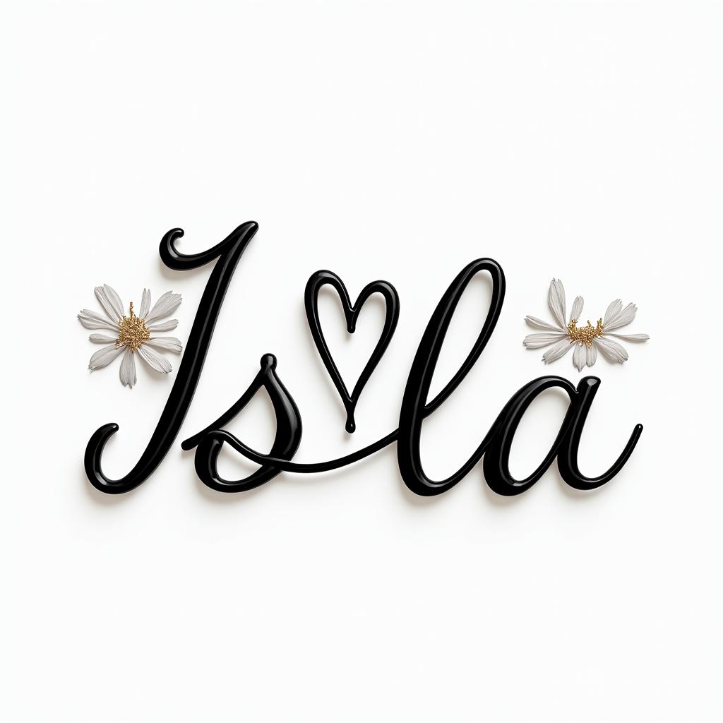 Isla orlain elegant cursive calligraphy style 2d tattoo, decorate with roses, featuring a smooth and flowing handwritten script with slightly thickened strokes for a luxurious and bold appearance, heart symbol between names, sleek and glossy black text with shadowing, minimalist matte white background, clean and sharp edges, illuminated with soft lighting, romantic, 8k, high-quality textures with refined typography - Variation 2