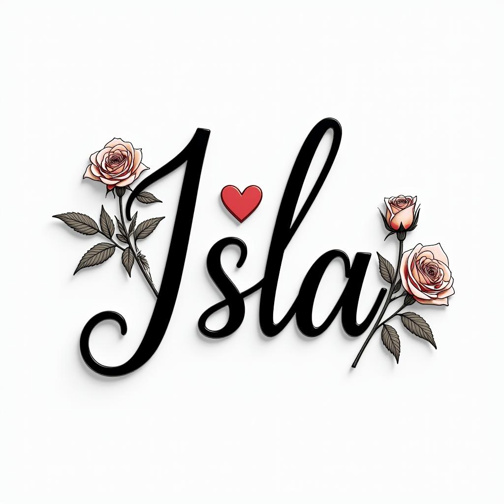 Isla orlain elegant cursive calligraphy style 2d tattoo, decorate with roses, featuring a smooth and flowing handwritten script with slightly thickened strokes for a luxurious and bold appearance, heart symbol between names, sleek and glossy black text with shadowing, minimalist matte white background, clean and sharp edges, illuminated with soft lighting, romantic, 8k, high-quality textures with refined typography - Variation 3