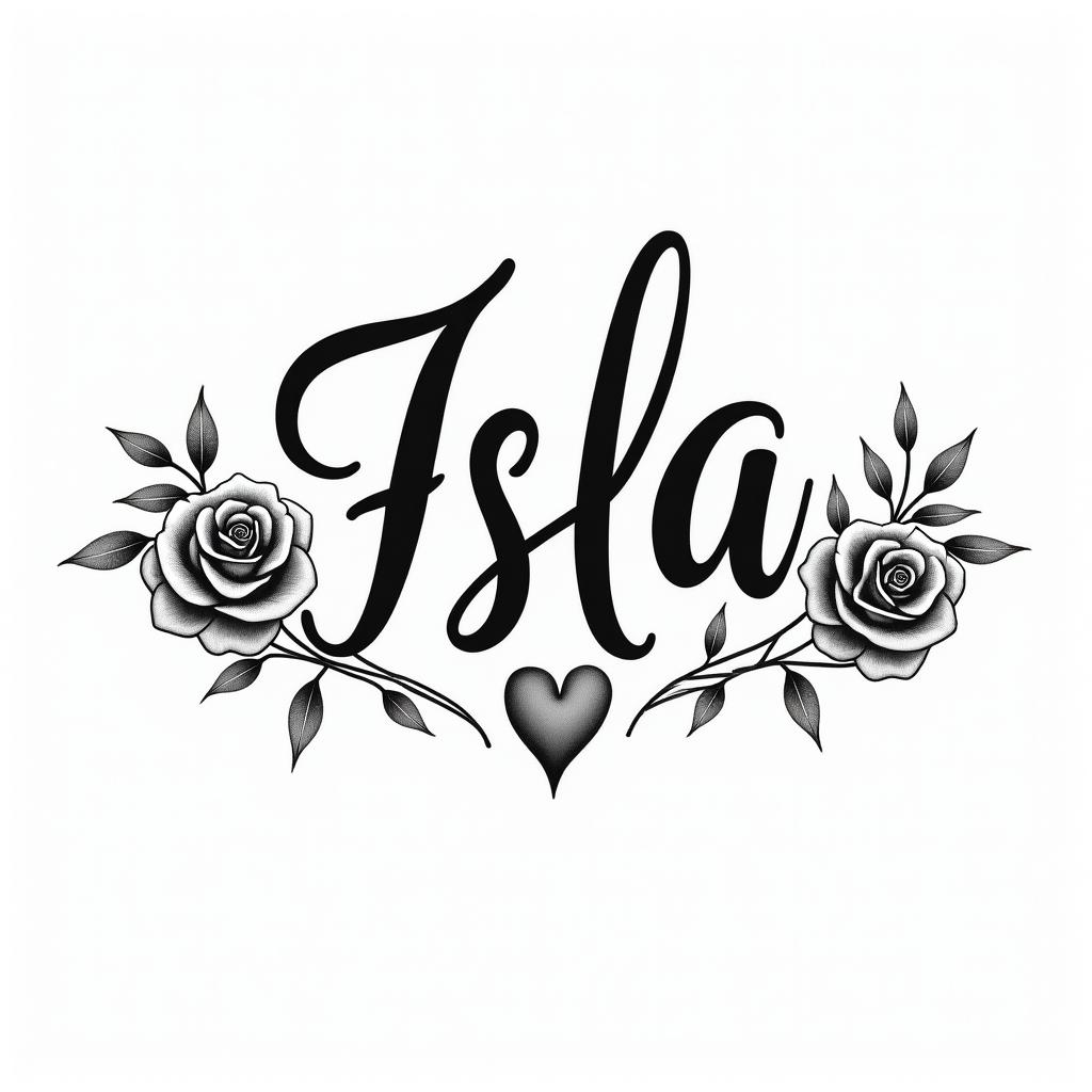 Isla orlain elegant cursive calligraphy style 2d tattoo, decorate with roses, featuring a smooth and flowing handwritten script with slightly thickened strokes for a luxurious and bold appearance, heart symbol between names, sleek and glossy black text with shadowing, minimalist matte white background, clean and sharp edges, illuminated with soft lighting, romantic, 8k, high-quality textures with refined typography - Variation 4