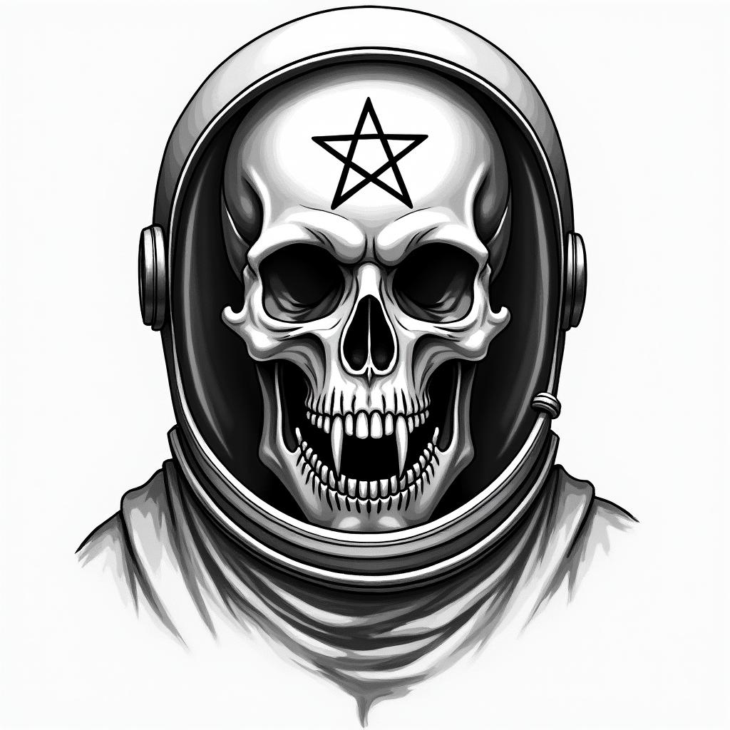 Space skull astronautcreepy horror tattoo style, featuring an eerie and unsettling skull of a demonic creature, distorted face with sharp fangs, add pentagram symbol - Variation 2