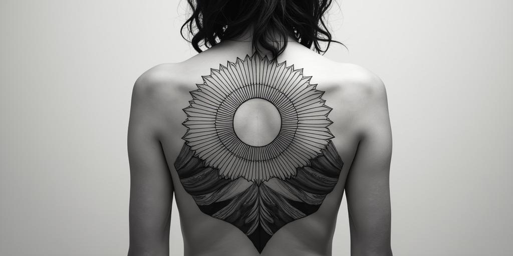 Mountain range with a rising sun in geometric style tattoo, blending hexagons, mandala-inspired patterns, symmetrical and fractal design, clean lines, sharp angles - Variation 8