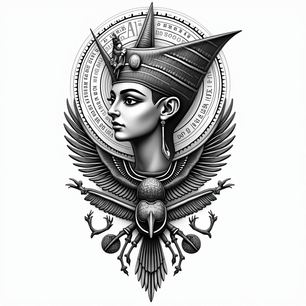 I’ll find you in every lifetime birdsin egyptian style tattoo, bold elements of ancient egyptian culture including a portrait of an Egyptian pharaoh with detailed facial features, in hieroglyphs and symbolic imagery, eye of horus, ankh symbol, scarab beetle - Variation 2