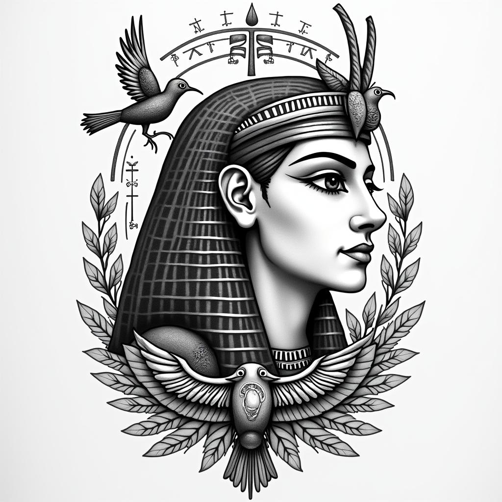 I’ll find you in every lifetime birdsin egyptian style tattoo, bold elements of ancient egyptian culture including a portrait of an Egyptian pharaoh with detailed facial features, in hieroglyphs and symbolic imagery, eye of horus, ankh symbol, scarab beetle - Variation 4