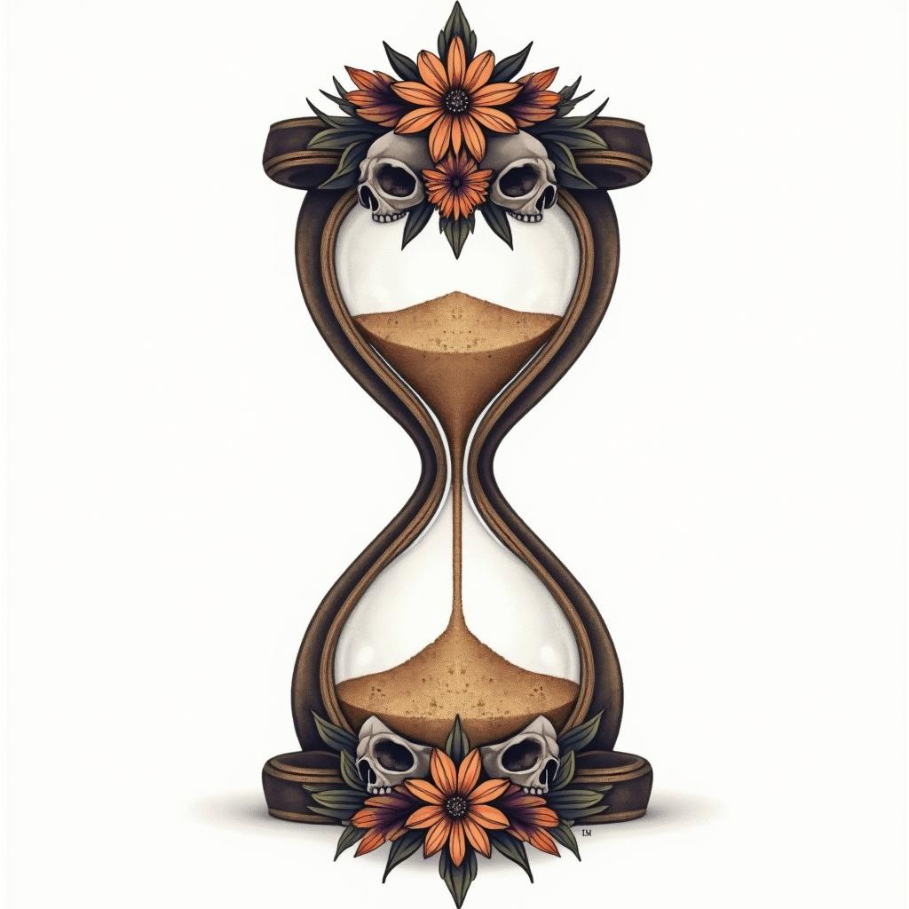 Hourglass with sand and skullsin ornamental tattoo style, featuring intricate symmetrical patterns and floral designs, showcasing highly detailed line work and geometric shapes, creating a sense of elegance and balance