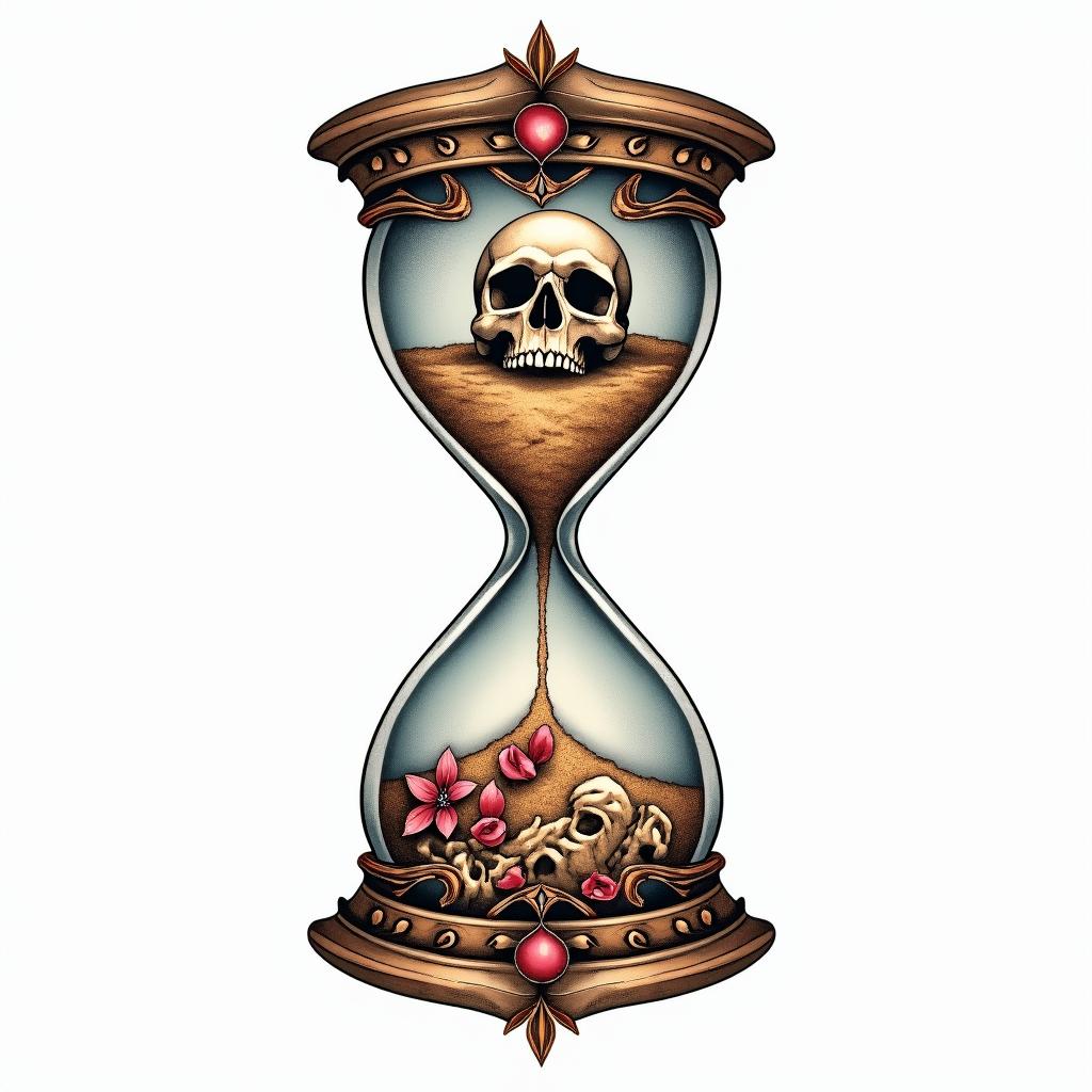 Hourglass with sand and skullsin ornamental tattoo style, featuring intricate symmetrical patterns and floral designs, showcasing highly detailed line work and geometric shapes, creating a sense of elegance and balance - Variation 3