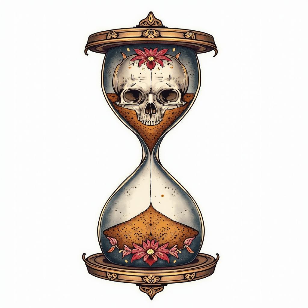 Hourglass with sand and skullsin ornamental tattoo style, featuring intricate symmetrical patterns and floral designs, showcasing highly detailed line work and geometric shapes, creating a sense of elegance and balance - Variation 2