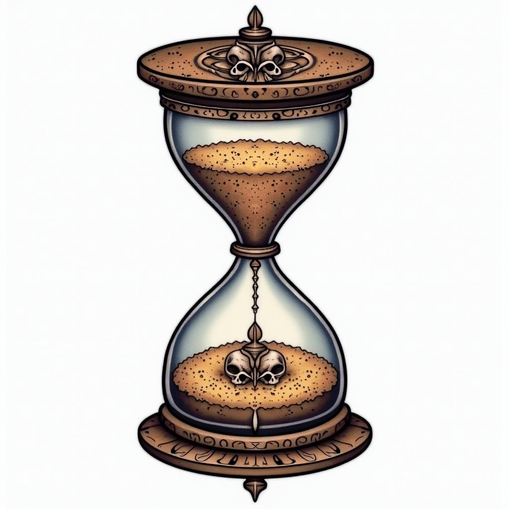 Hourglass with sand and skullsin ornamental tattoo style, featuring intricate symmetrical patterns and floral designs, showcasing highly detailed line work and geometric shapes, creating a sense of elegance and balance - Variation 4