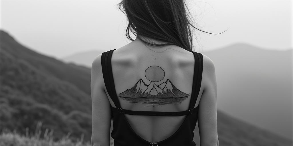 Mountain range with a rising sunin bohemian style tattoo, 8k - Variation 3
