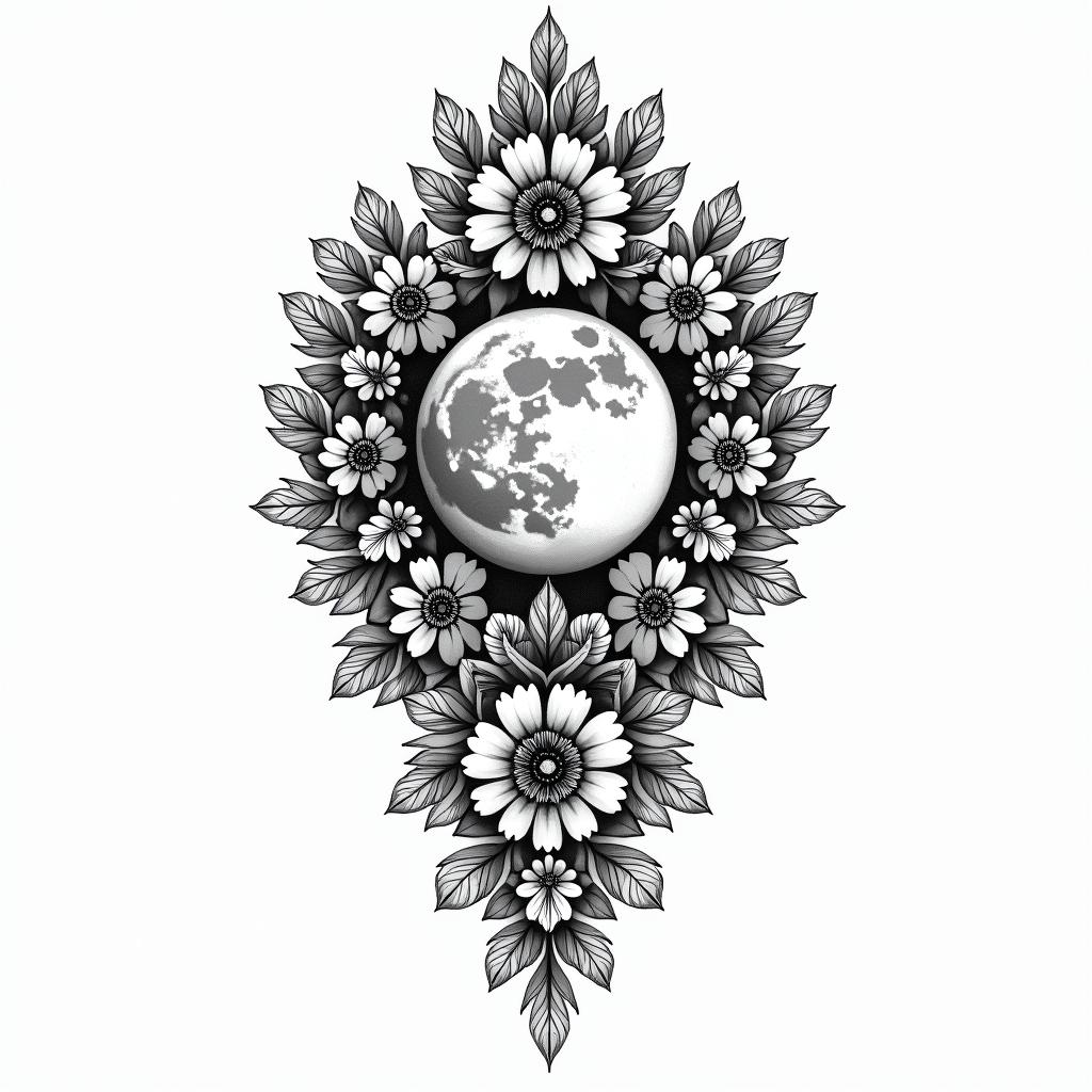 Entirely ornamental, a moon is created in the center and some details of flowers.in ornamental tattoo style, featuring intricate symmetrical patterns and floral designs, showcasing highly detailed line work and geometric shapes, creating a sense of elegance and balance