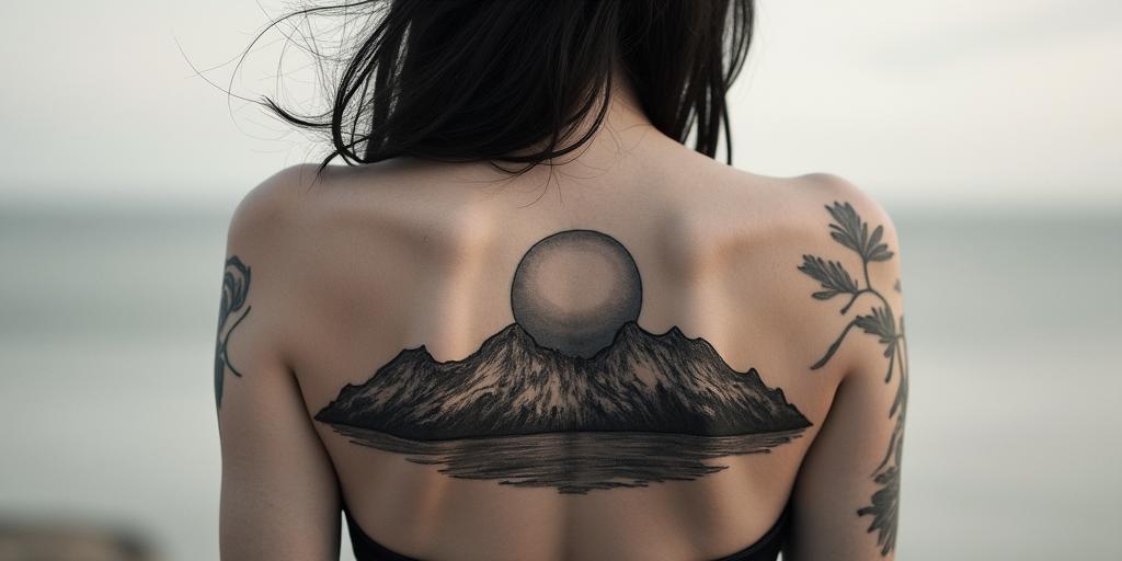 Mountain range with a rising sunin bohemian style tattoo, 8k