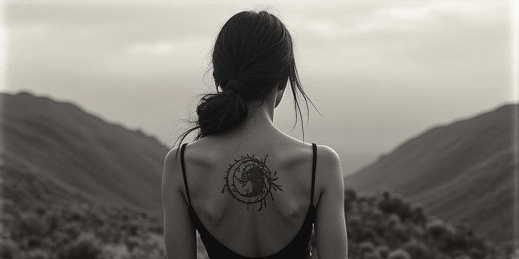 Mountain range with a rising sunin bohemian style tattoo, 8k - Variation 2