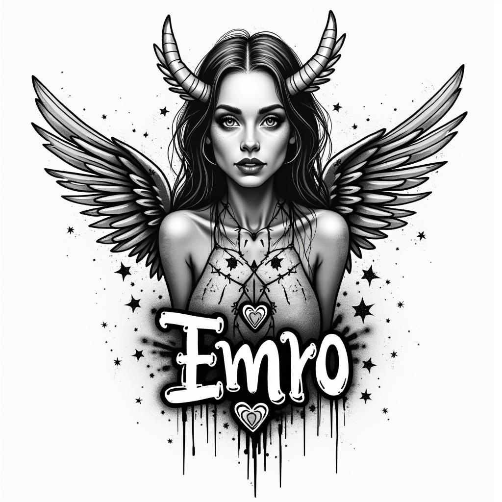 Eilene, Scorpioin graffiti style tattoo, featuring bold and dynamic street art elements, spray-paint texture with exaggerated lines and expressive, chaotic brushstrokes, intricate lettering incorporated with graffiti tags, symbols like hearts, stars, and wings - Variation 3