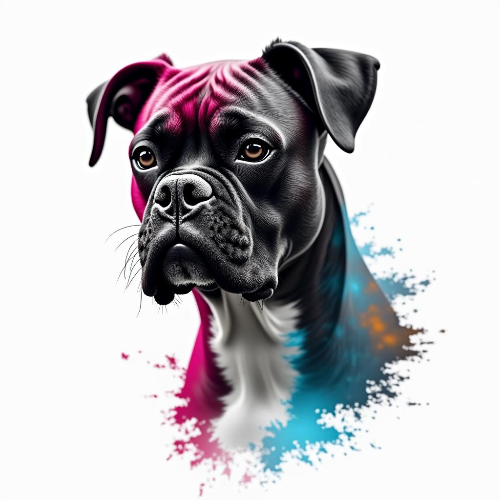 Boxer dogin distorted and fragmented tattoo design, featuring a classical statue bust, in a glitch art style with vibrant, overlapping colors of cyan, magenta, and yellow, creating a digital distortion effect - Variation 3
