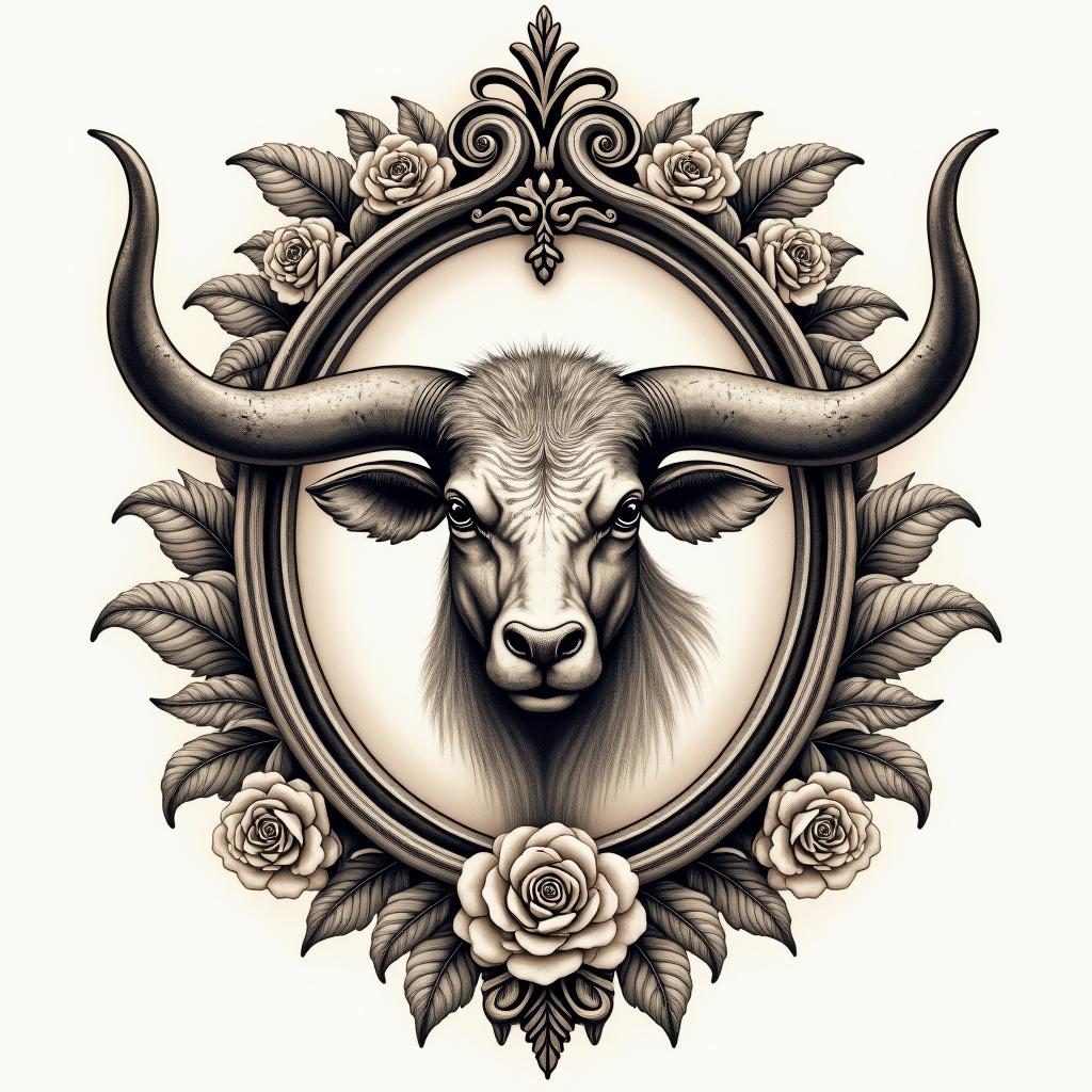 Taurus and Aquariusin victorian style tattoo, featuring vintage and elegant elements, ornate frames, roses, antique, sepia-toned color scheme - Variation 2