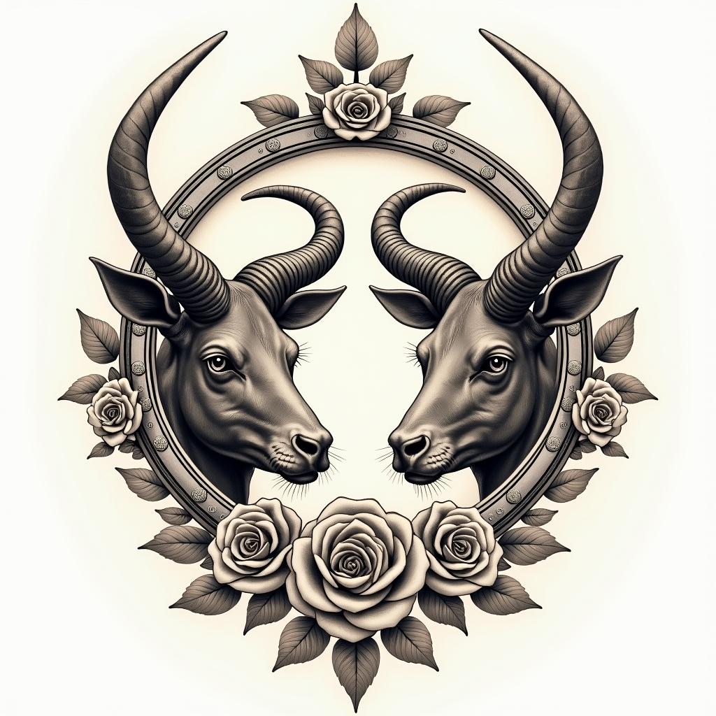 Taurus and Aquariusin victorian style tattoo, featuring vintage and elegant elements, ornate frames, roses, antique, sepia-toned color scheme