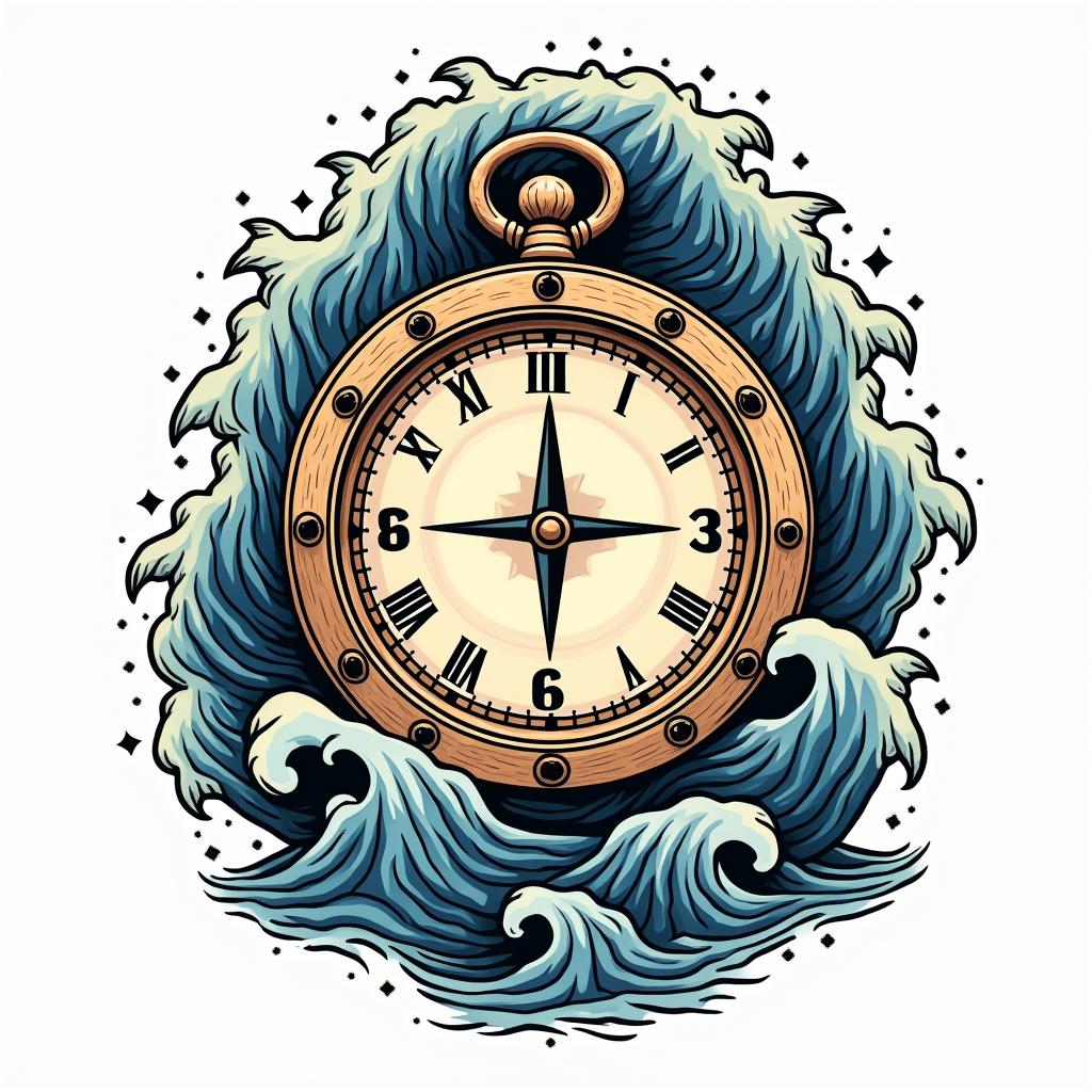 Compass surrounded by ocean wavesin pop art style tattoo, featuring bold and vibrant colors, exaggerated outlines, iconic imagery, inspired by comic books and speech bubbles, comic book characters, retro pop culture - Variation 8