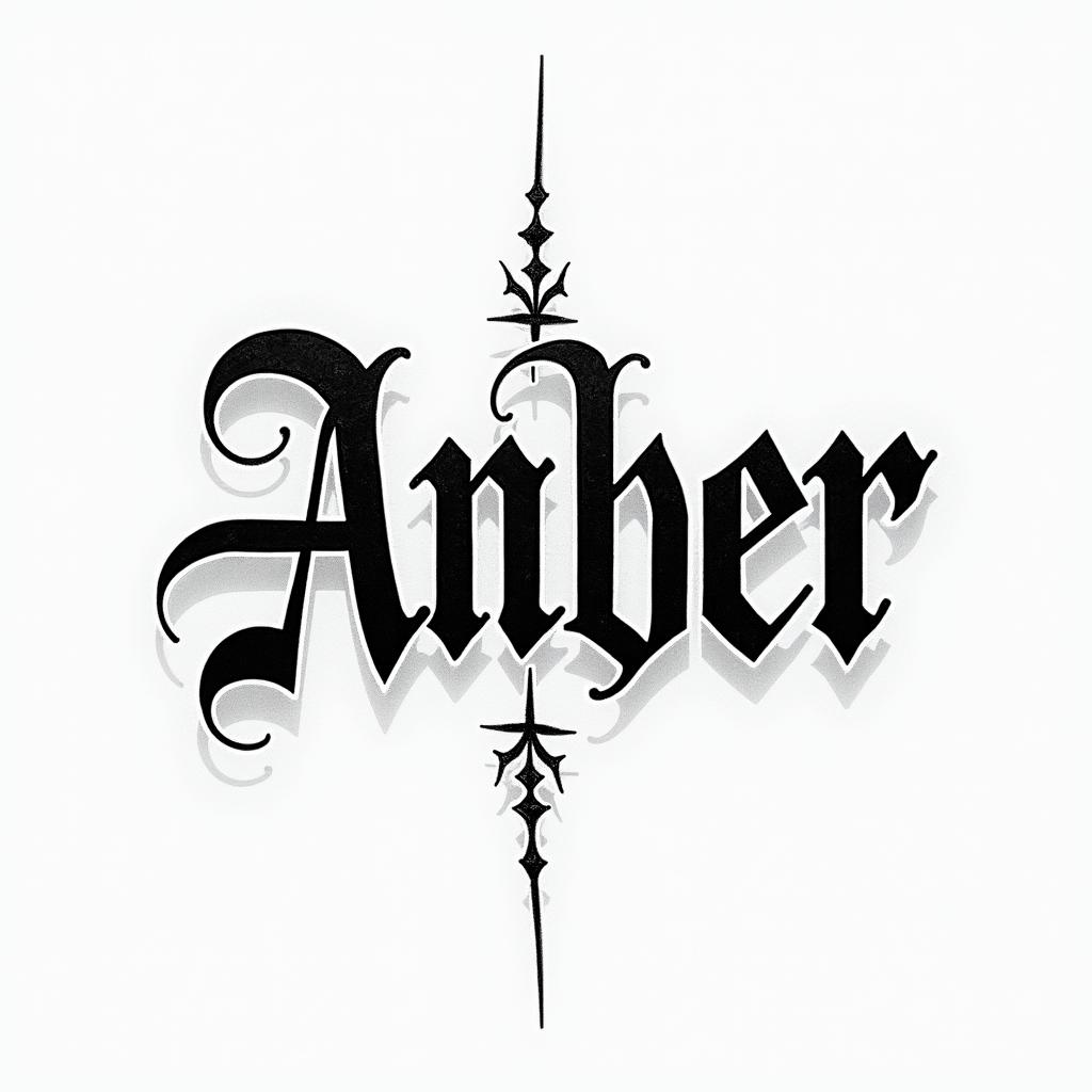 Ambertext-based tattoo, gothic font ultra-realistic, perfectly placed, high-quality font design, photo-realistic shading, 8k, high quality, finely detailed typography