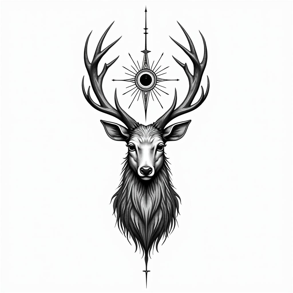 Deerin spiritual symbols tattoo style, featuring an intricate design incorporating elements, Hamsa hand, third eye, minimalist composition - Variation 4