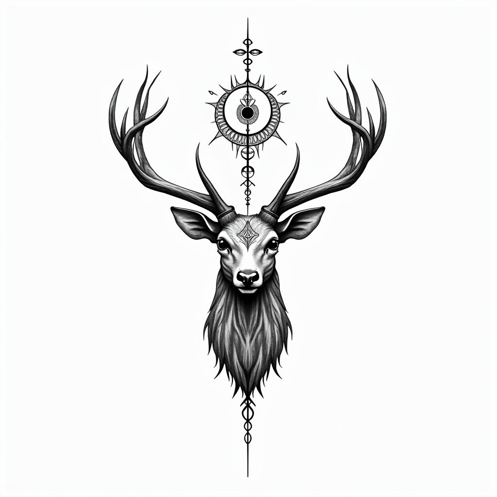 Deerin spiritual symbols tattoo style, featuring an intricate design incorporating elements, Hamsa hand, third eye, minimalist composition - Variation 2