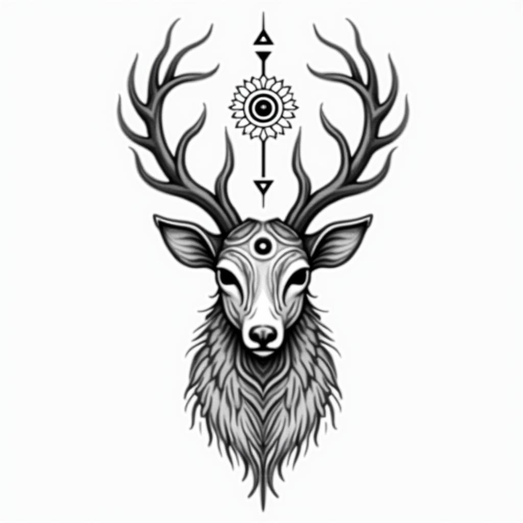 Deerin spiritual symbols tattoo style, featuring an intricate design incorporating elements, Hamsa hand, third eye, minimalist composition