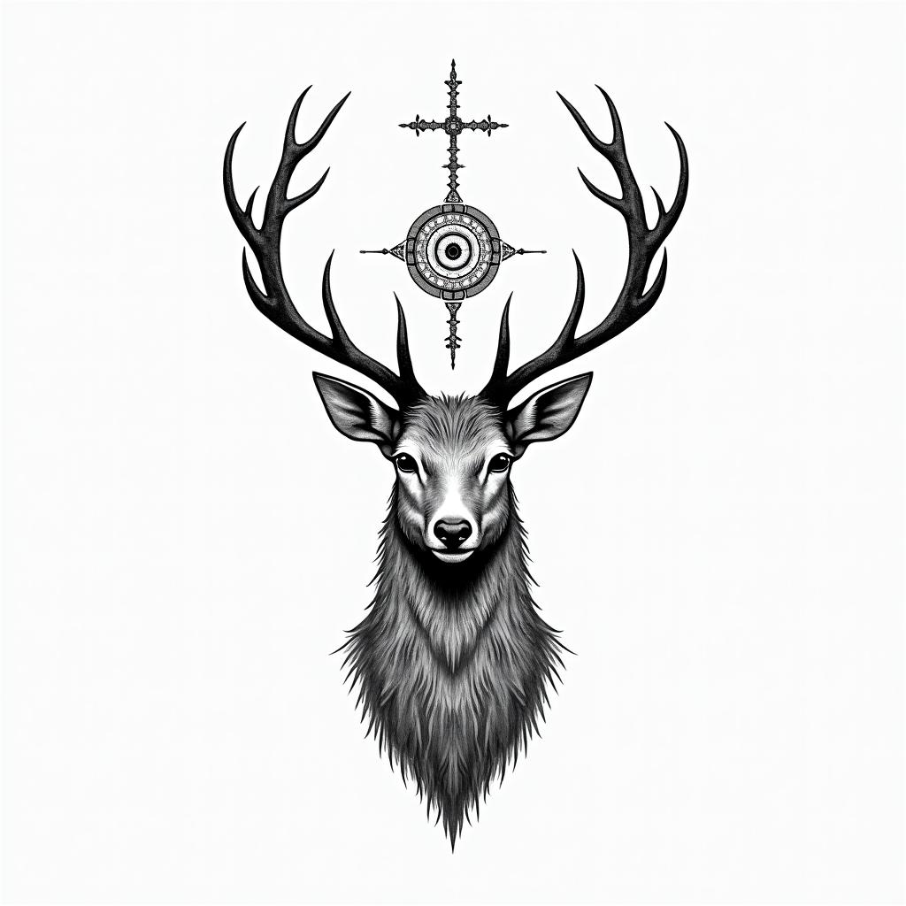 Deerin spiritual symbols tattoo style, featuring an intricate design incorporating elements, Hamsa hand, third eye, minimalist composition - Variation 3