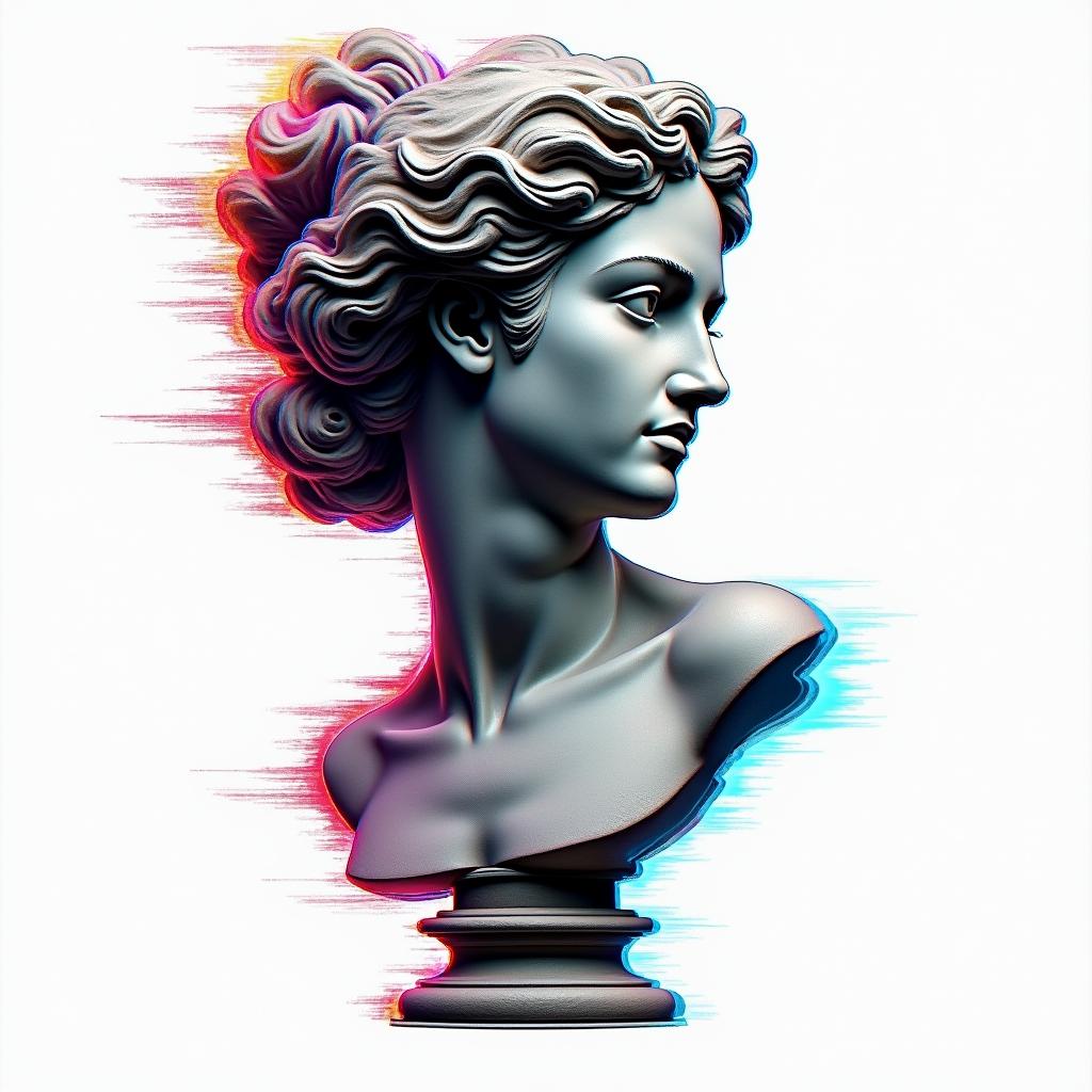 Aquariusin distorted and fragmented tattoo design, featuring a classical statue bust, in a glitch art style with vibrant, overlapping colors of cyan, magenta, and yellow, creating a digital distortion effect - Variation 2