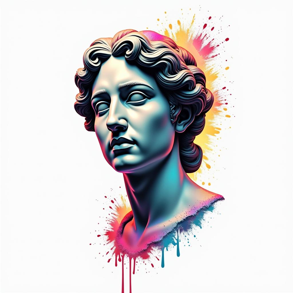 Aquariusin distorted and fragmented tattoo design, featuring a classical statue bust, in a glitch art style with vibrant, overlapping colors of cyan, magenta, and yellow, creating a digital distortion effect - Variation 3