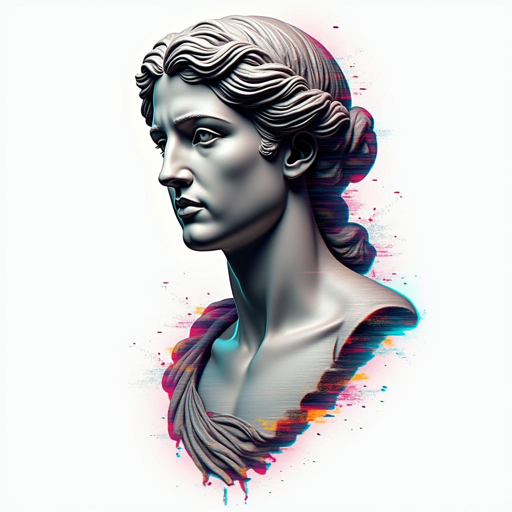 Aquariusin distorted and fragmented tattoo design, featuring a classical statue bust, in a glitch art style with vibrant, overlapping colors of cyan, magenta, and yellow, creating a digital distortion effect