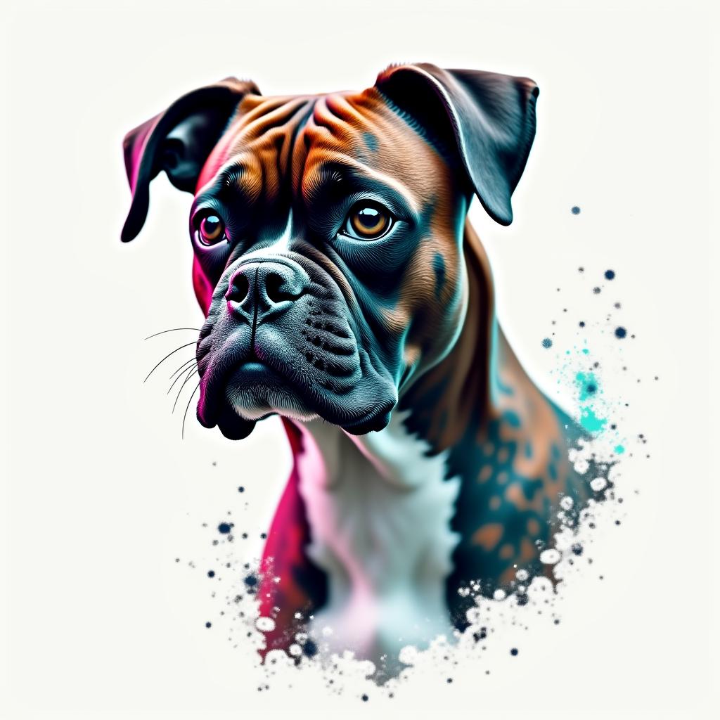 Boxer dogin distorted and fragmented tattoo design, featuring a classical statue bust, in a glitch art style with vibrant, overlapping colors of cyan, magenta, and yellow, creating a digital distortion effect