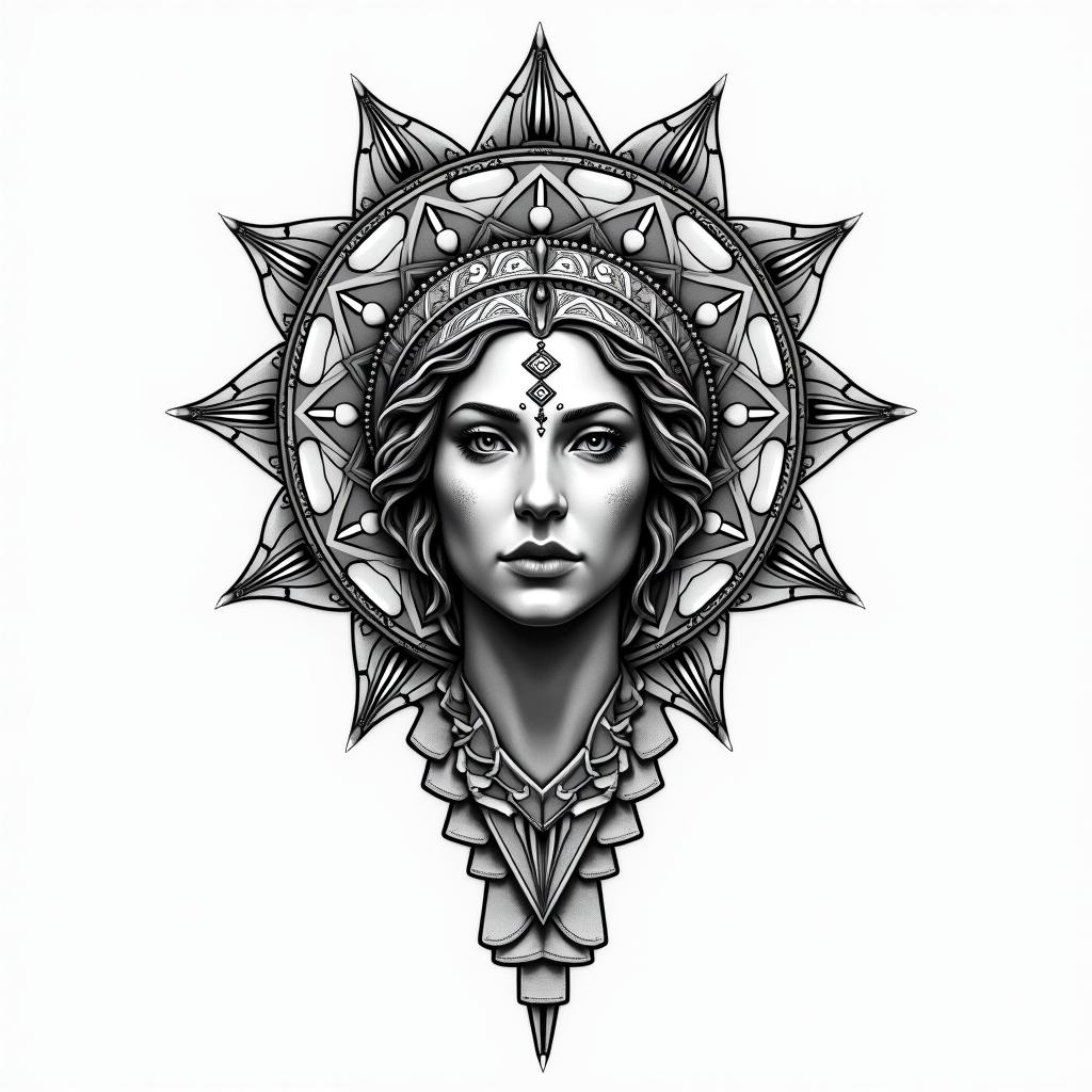 Athena, the goddess of war, fire in geometric style tattoo, blending hexagons, mandala-inspired patterns, symmetrical and fractal design, clean lines, sharp angles - Variation 2