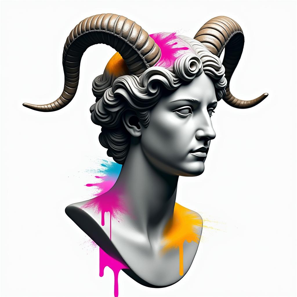 Taurus and Aquariusin distorted and fragmented tattoo design, featuring a classical statue bust, in a glitch art style with vibrant, overlapping colors of cyan, magenta, and yellow, creating a digital distortion effect