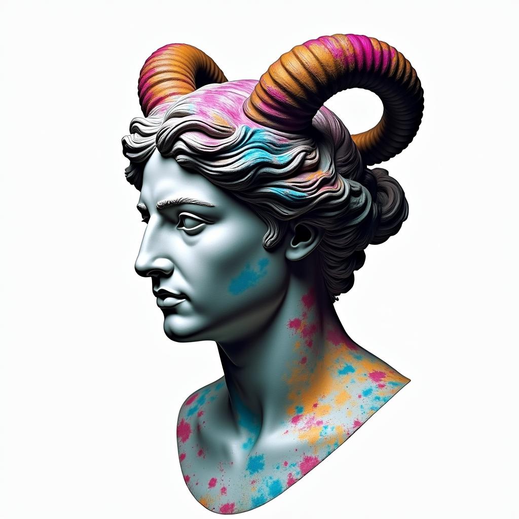 Taurus and Aquariusin distorted and fragmented tattoo design, featuring a classical statue bust, in a glitch art style with vibrant, overlapping colors of cyan, magenta, and yellow, creating a digital distortion effect - Variation 2