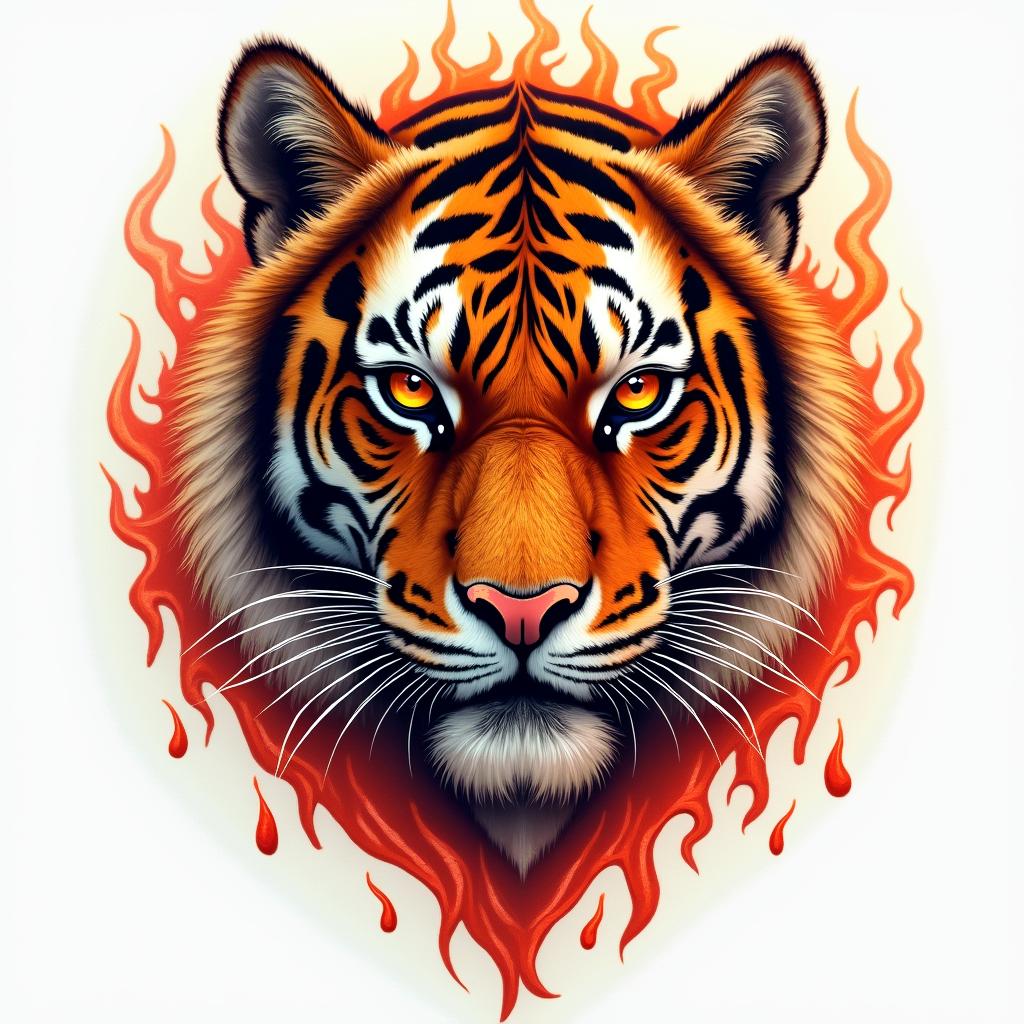 Tiger with intense eyes in a junglein flame tattoo style showcasing fiery elements with dynamic flame patterns, glowing effect of flames, natural colors - Variation 3