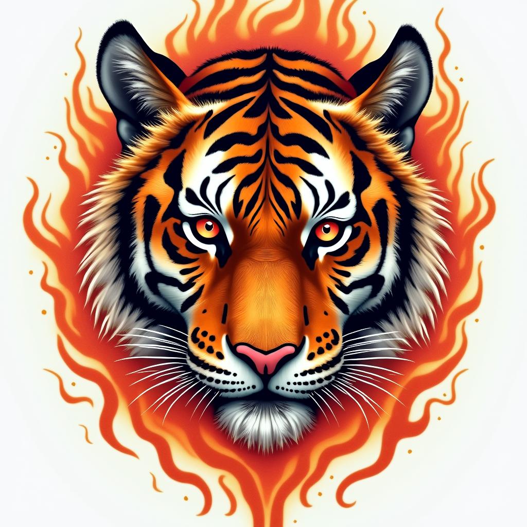 Tiger with intense eyes in a junglein flame tattoo style showcasing fiery elements with dynamic flame patterns, glowing effect of flames, natural colors - Variation 4