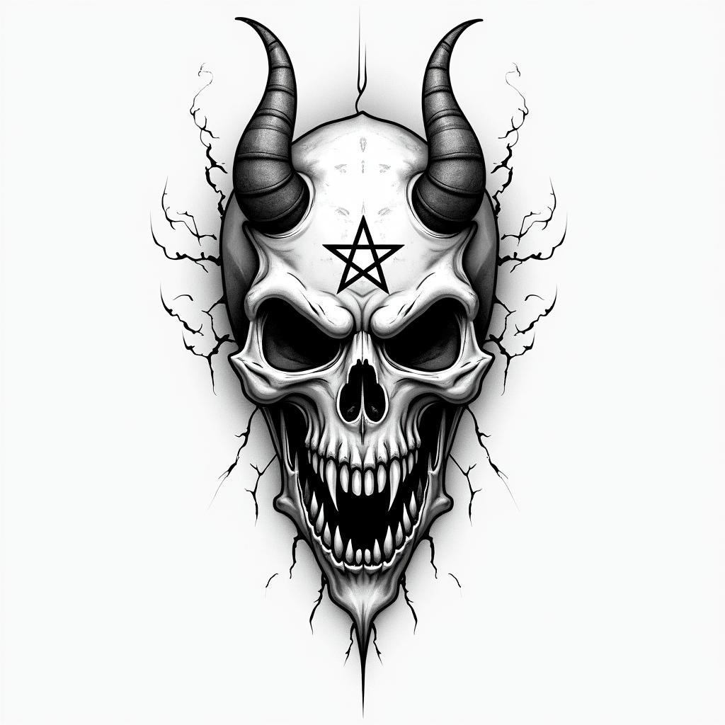 Aquariuscreepy horror tattoo style, featuring an eerie and unsettling skull of a demonic creature, distorted face with sharp fangs, add pentagram symbol - Variation 3
