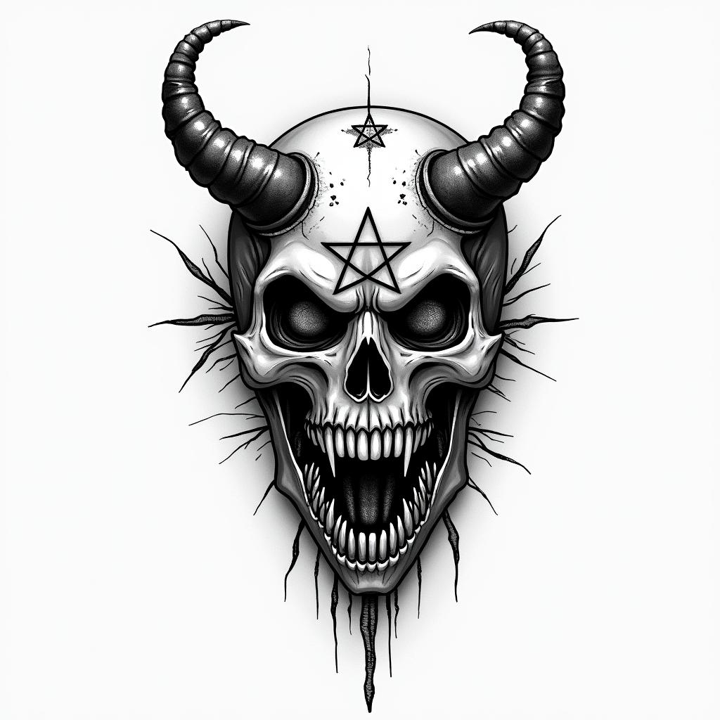 Aquariuscreepy horror tattoo style, featuring an eerie and unsettling skull of a demonic creature, distorted face with sharp fangs, add pentagram symbol