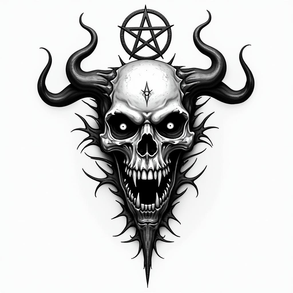 Aquariuscreepy horror tattoo style, featuring an eerie and unsettling skull of a demonic creature, distorted face with sharp fangs, add pentagram symbol - Variation 4
