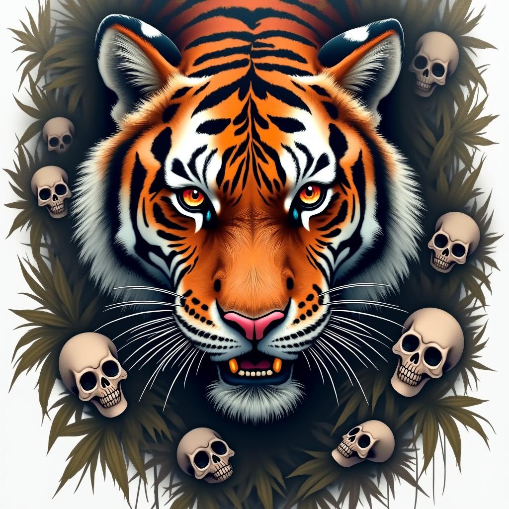 Tiger with intense eyes in a jungle in horror tattoo style, showcasing haunting and unsettling, dark and gritty textures with skulls, eerie faces, jgged designs, bold and intense shading