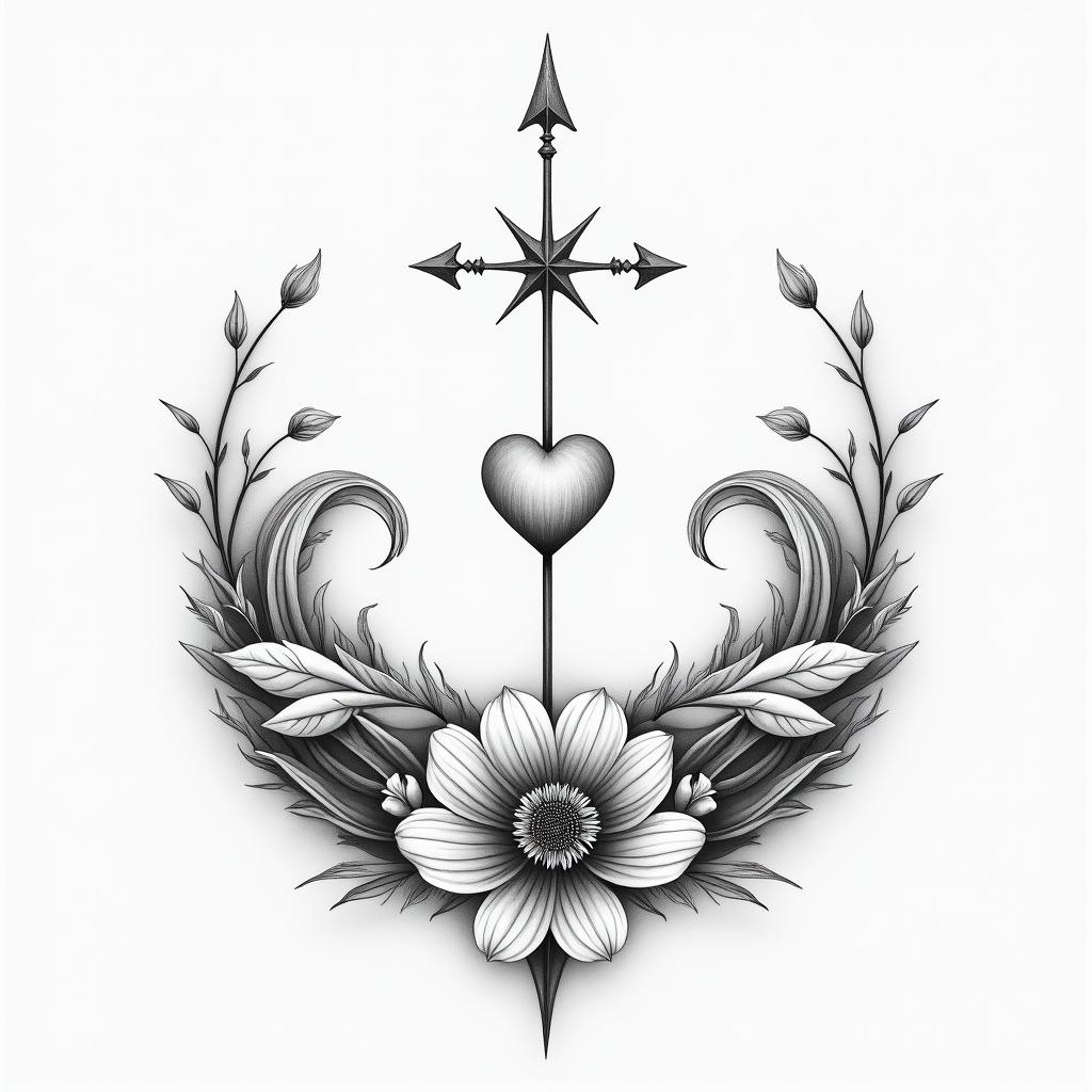 I don't want to forget my father's illness. I want to express it with waveforms and arrows. Something simple would be good. I want to include flowers of love.in Modest style tattoo, featuring soft, delicate line work with simple and meaningful symbols, gentle waves, a heart, evoking a sense of serenity and grace, - Variation 3