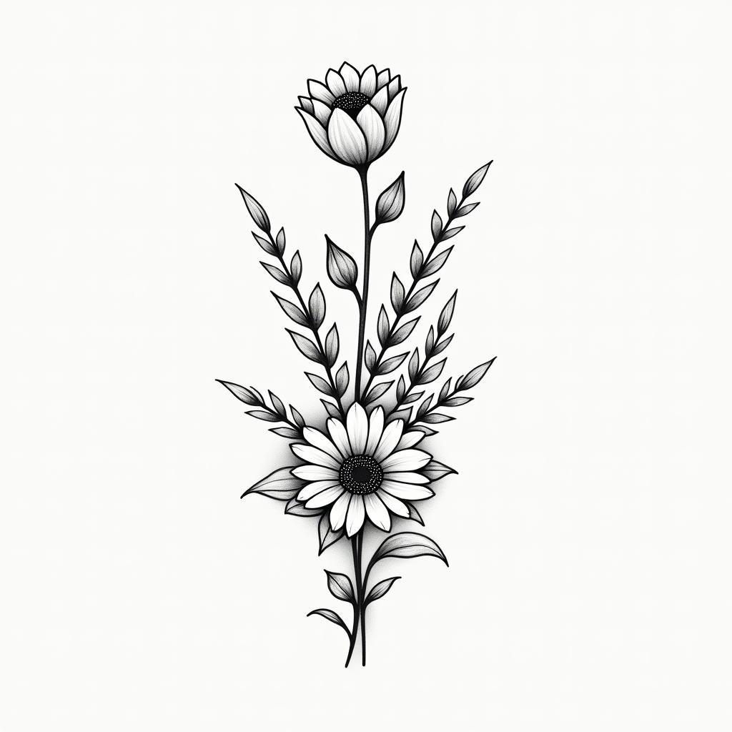 I don't want to forget my father's illness. I want to express it with waveforms and arrows. Something simple would be good. I want to include flowers of love.in Modest style tattoo, featuring soft, delicate line work with simple and meaningful symbols, gentle waves, a heart, evoking a sense of serenity and grace, - Variation 2