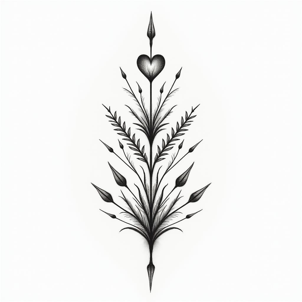 I don't want to forget my father's illness. I want to express it with waveforms and arrows. Something simple would be good. I want to include flowers of love.in Modest style tattoo, featuring soft, delicate line work with simple and meaningful symbols, gentle waves, a heart, evoking a sense of serenity and grace,
