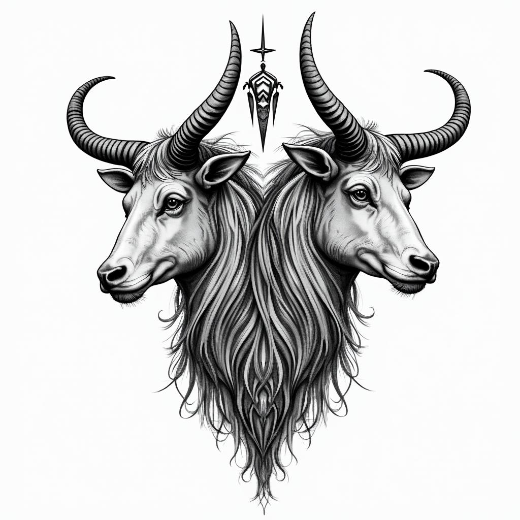 Taurus and Aquariusin bohemian style tattoo, 8k - Variation 2