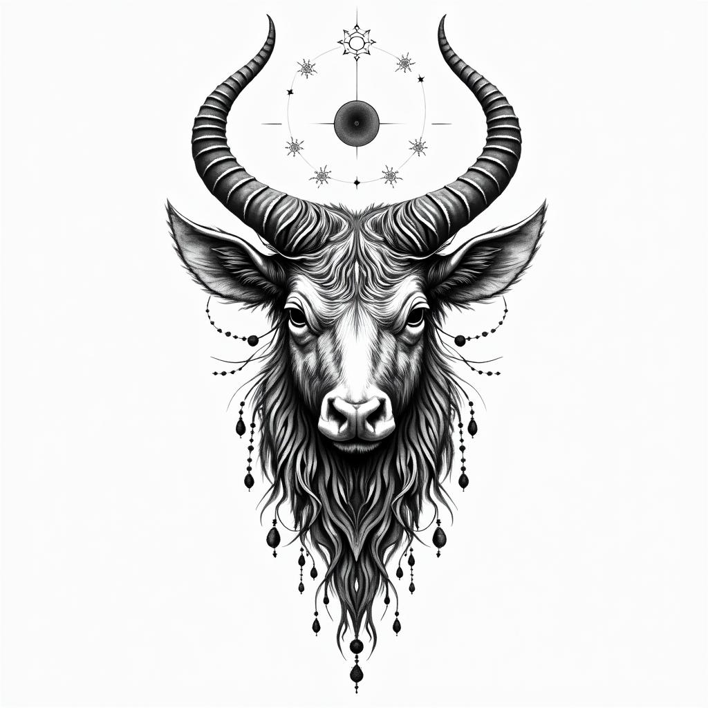 Taurus and Aquariusin bohemian style tattoo, 8k