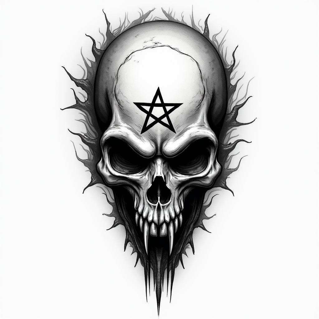 Narutocreepy horror tattoo style, featuring an eerie and unsettling skull of a demonic creature, distorted face with sharp fangs, add pentagram symbol - Variation 3
