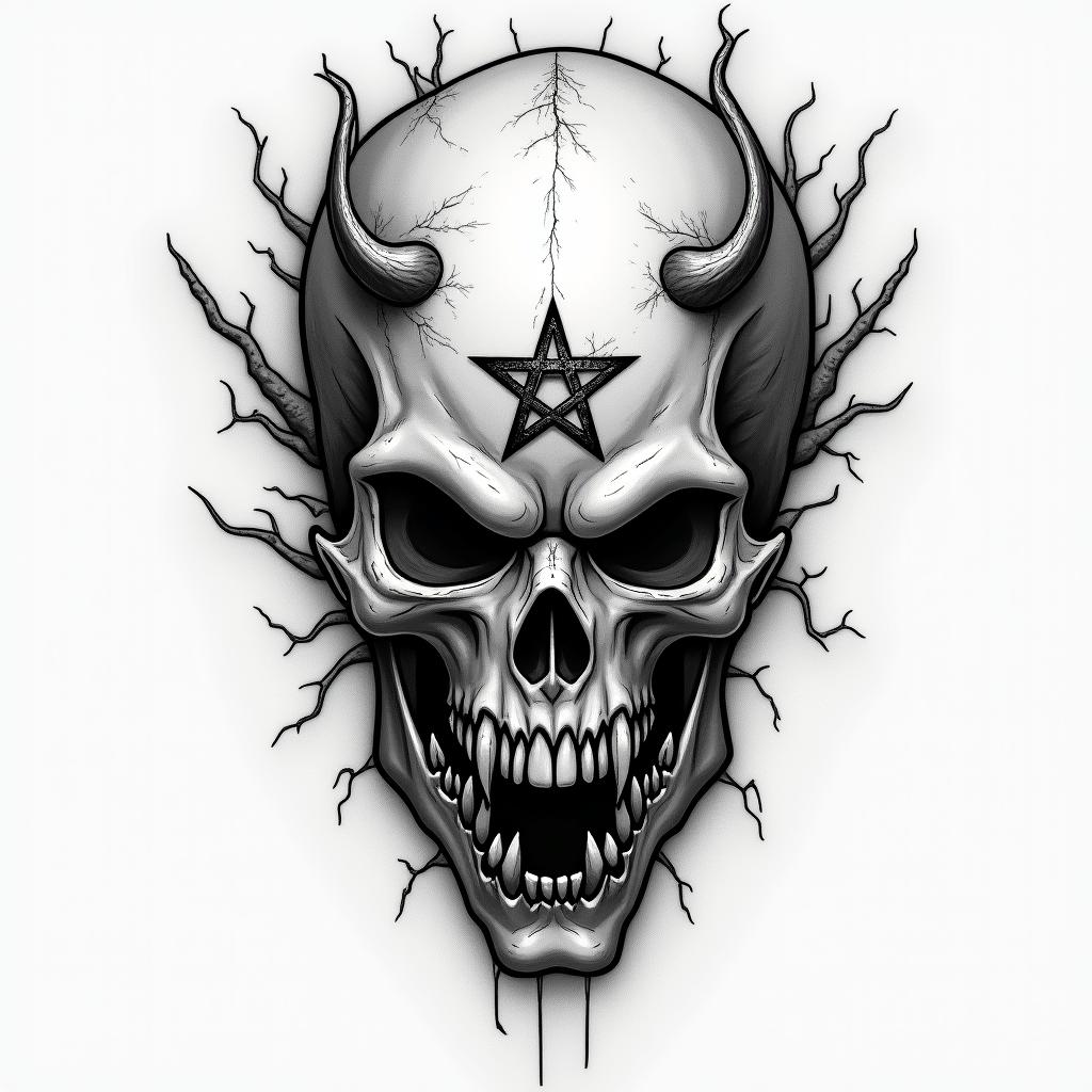 Narutocreepy horror tattoo style, featuring an eerie and unsettling skull of a demonic creature, distorted face with sharp fangs, add pentagram symbol