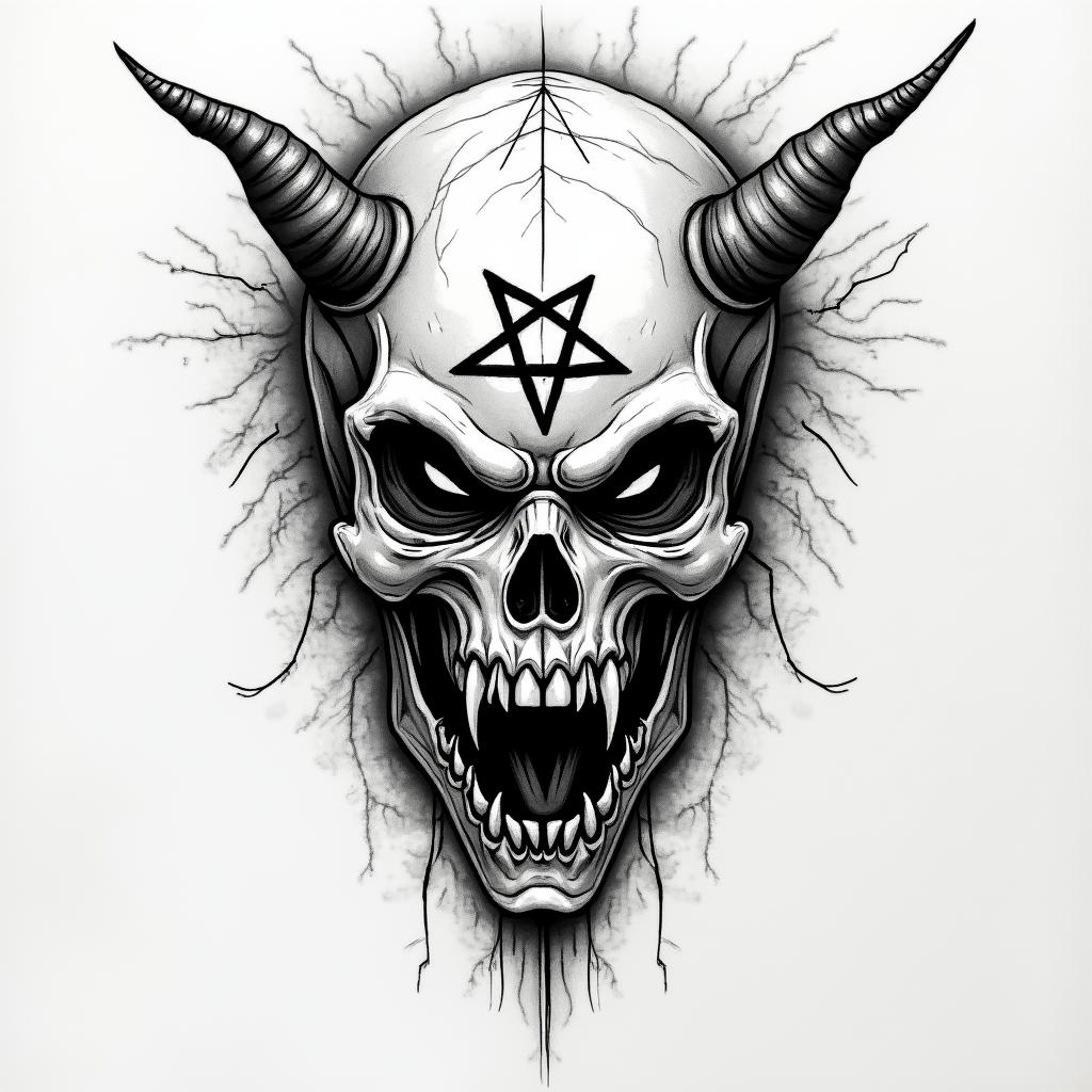 Narutocreepy horror tattoo style, featuring an eerie and unsettling skull of a demonic creature, distorted face with sharp fangs, add pentagram symbol - Variation 2